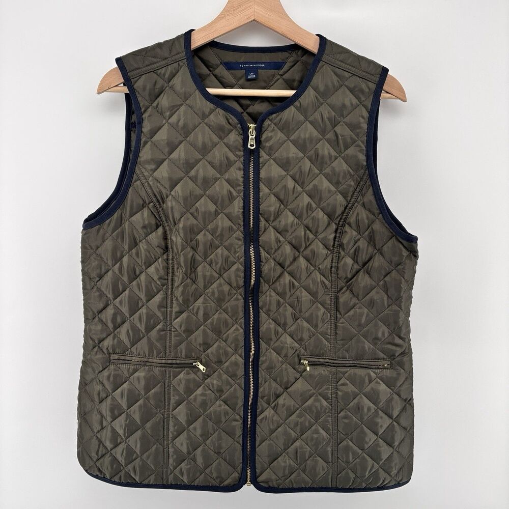 Tommy Hilfiger Men's L Quilted Vest Olive Green Full Zip Diamond Pockets